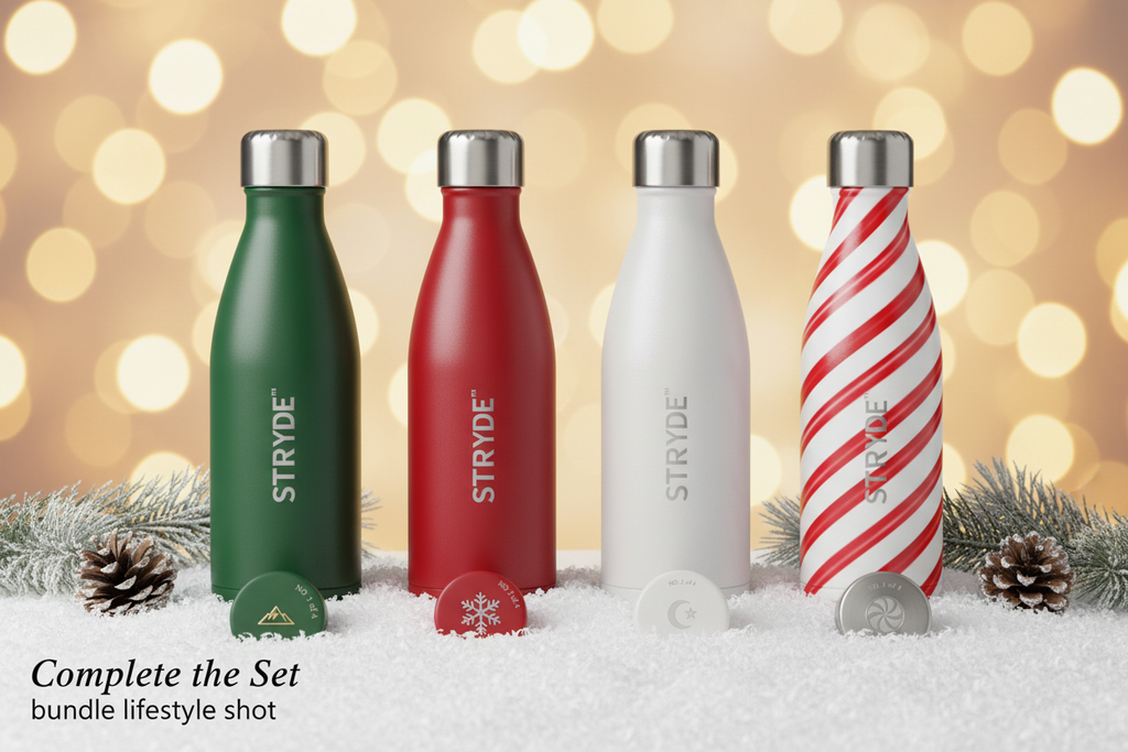 STRYDE™ Holiday 2026 all four collector bottles and caps lineup