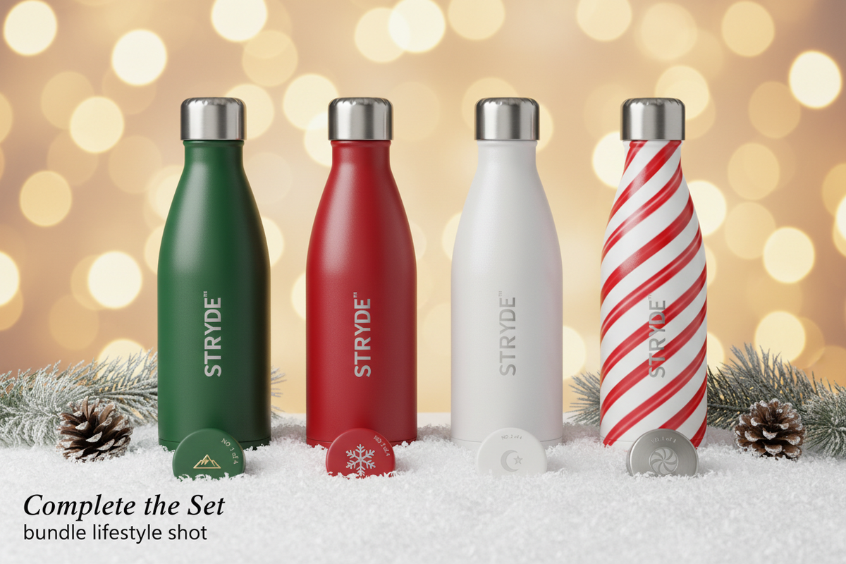 STRYDE™ Holiday 2026 all four collector bottles and caps lineup