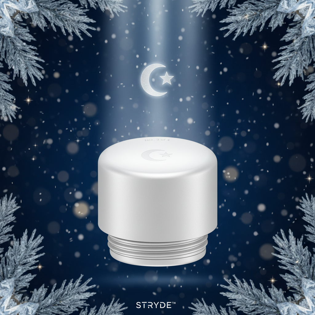 STRYDE™ Holiday 2026 Pearl White collector cap No. 3 of 4 — moon & star emboss in holiday world